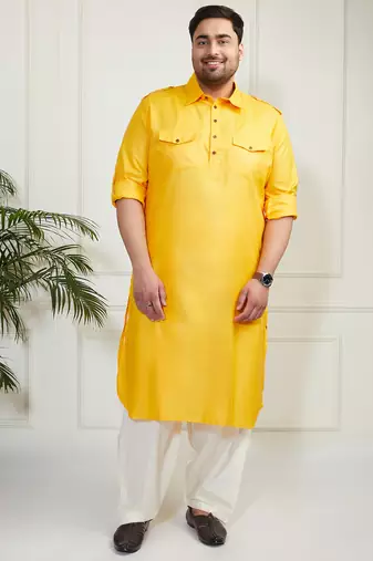 Men's mustard and cream cotton blend pathani kurta set