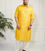 Men's mustard and cream cotton blend pathani kurta set