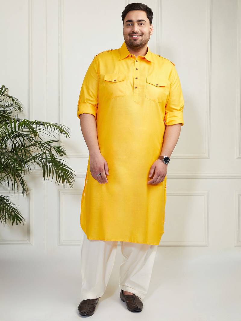 Men's mustard and cream cotton blend pathani kurta set