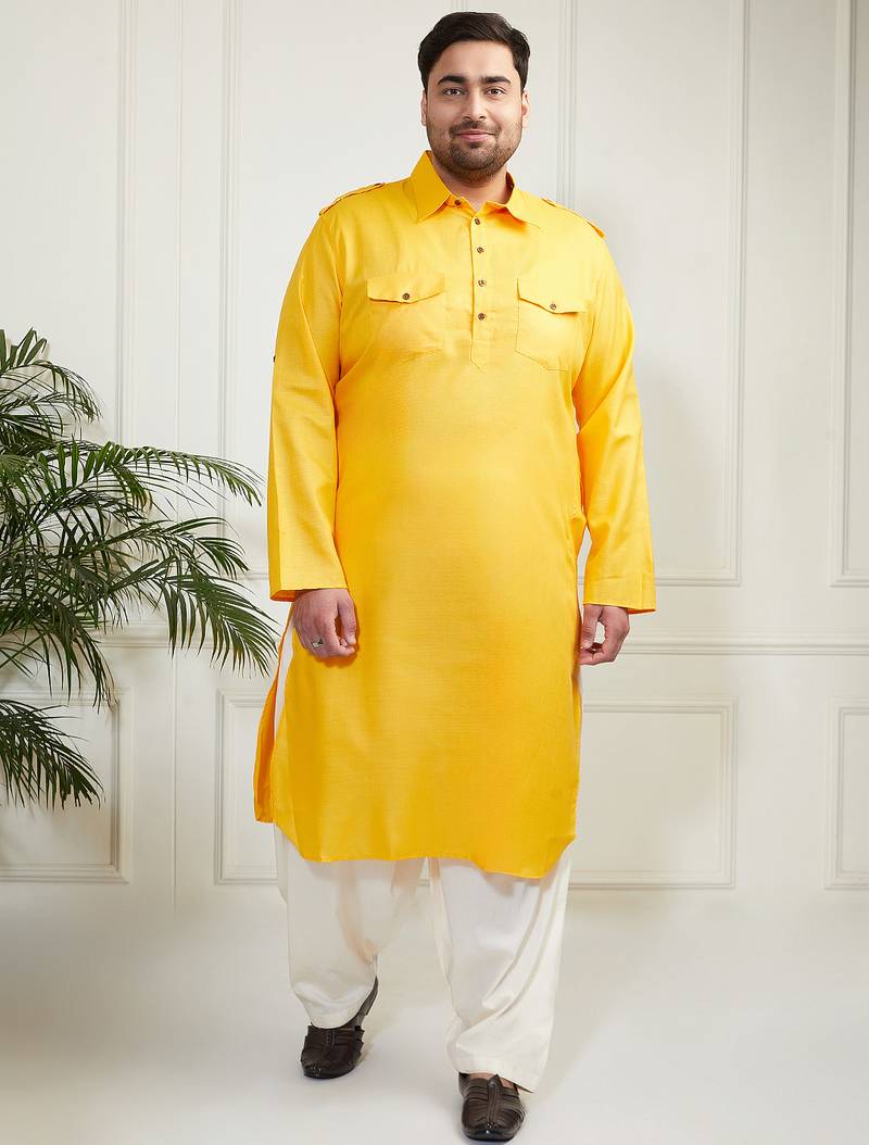 Men's mustard and cream cotton blend pathani kurta set