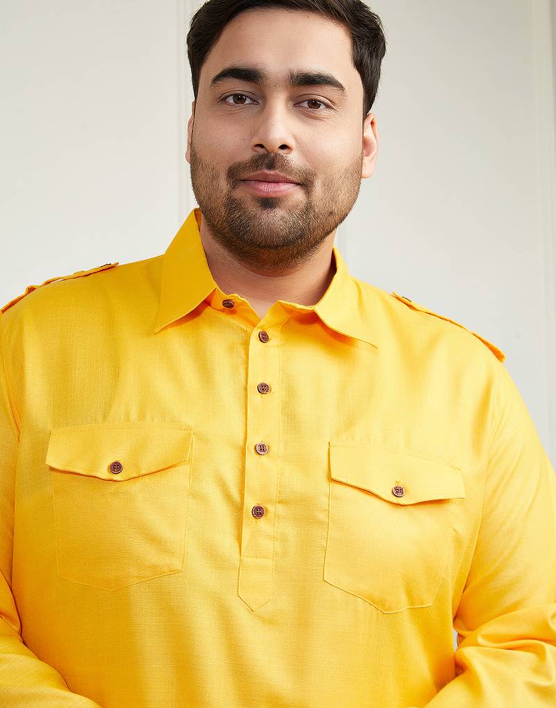 Men's mustard and cream cotton blend pathani kurta set