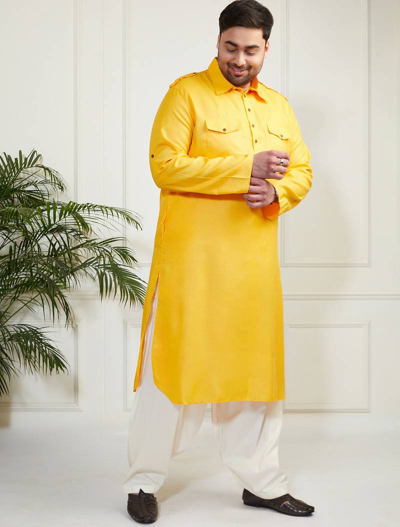 Men's mustard and cream cotton blend pathani kurta set