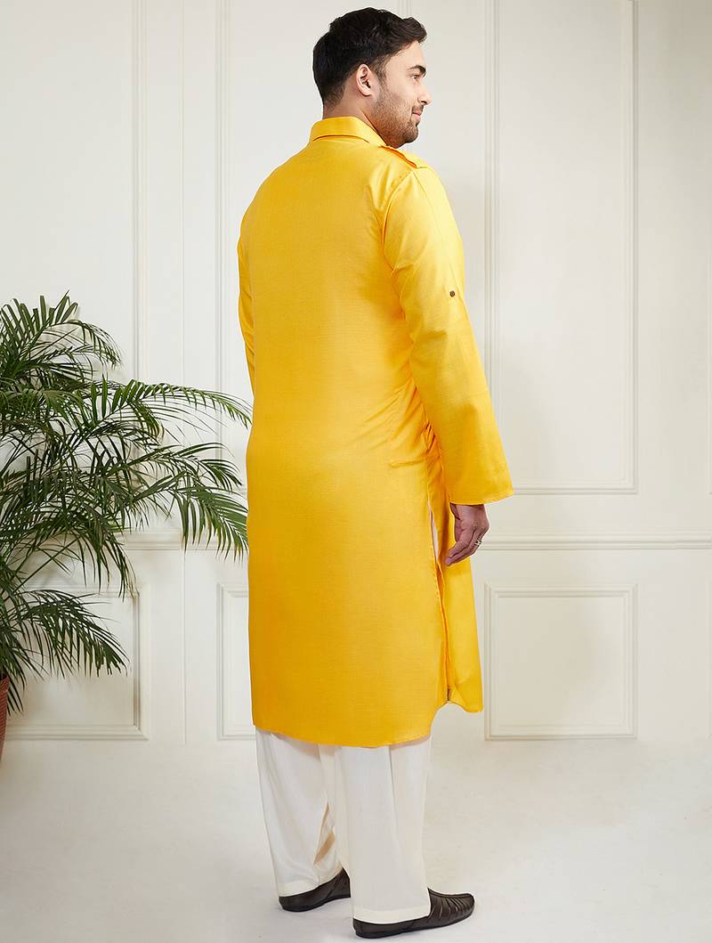 Men's mustard and cream cotton blend pathani kurta set