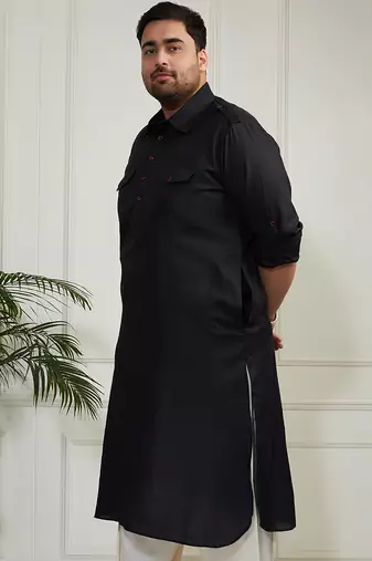 Men's black cotton blend kurta