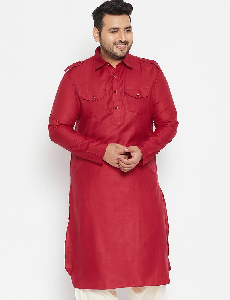 Men's maroon cotton blend kurta