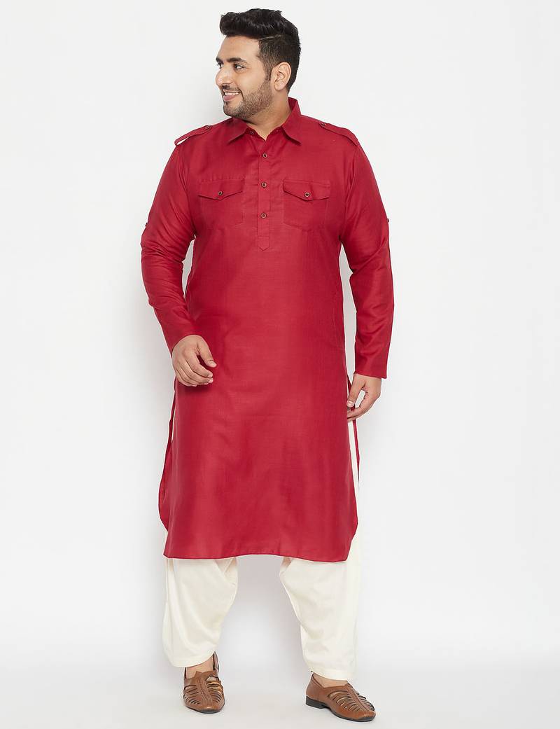 Men's maroon cotton blend kurta