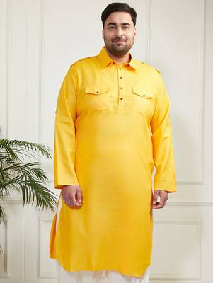 Men's mustard cotton blend kurta 1