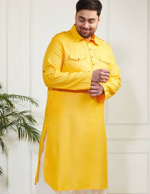 Men's mustard cotton blend kurta 2