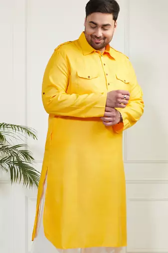 Men's mustard cotton blend kurta