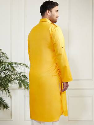 Men's mustard cotton blend kurta 4