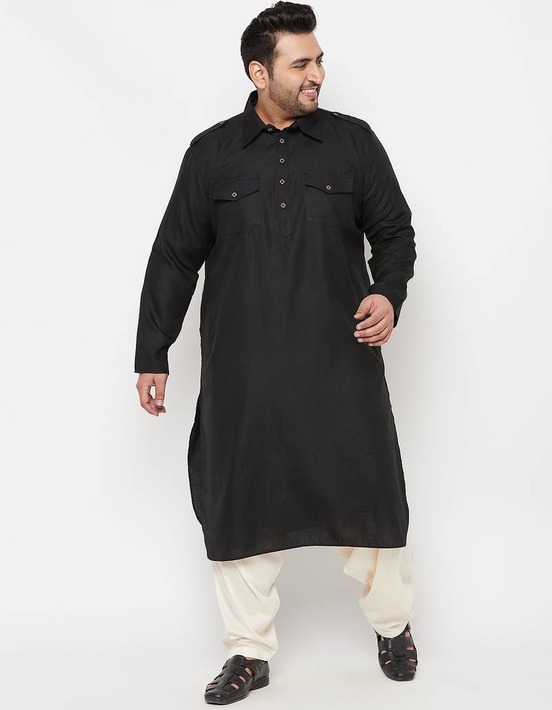Men's black and cream cotton blend pathani kurta set
