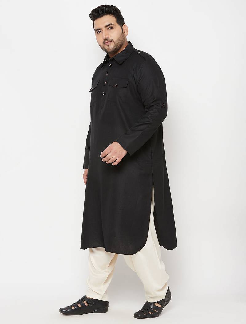 Men's black and cream cotton blend pathani kurta set