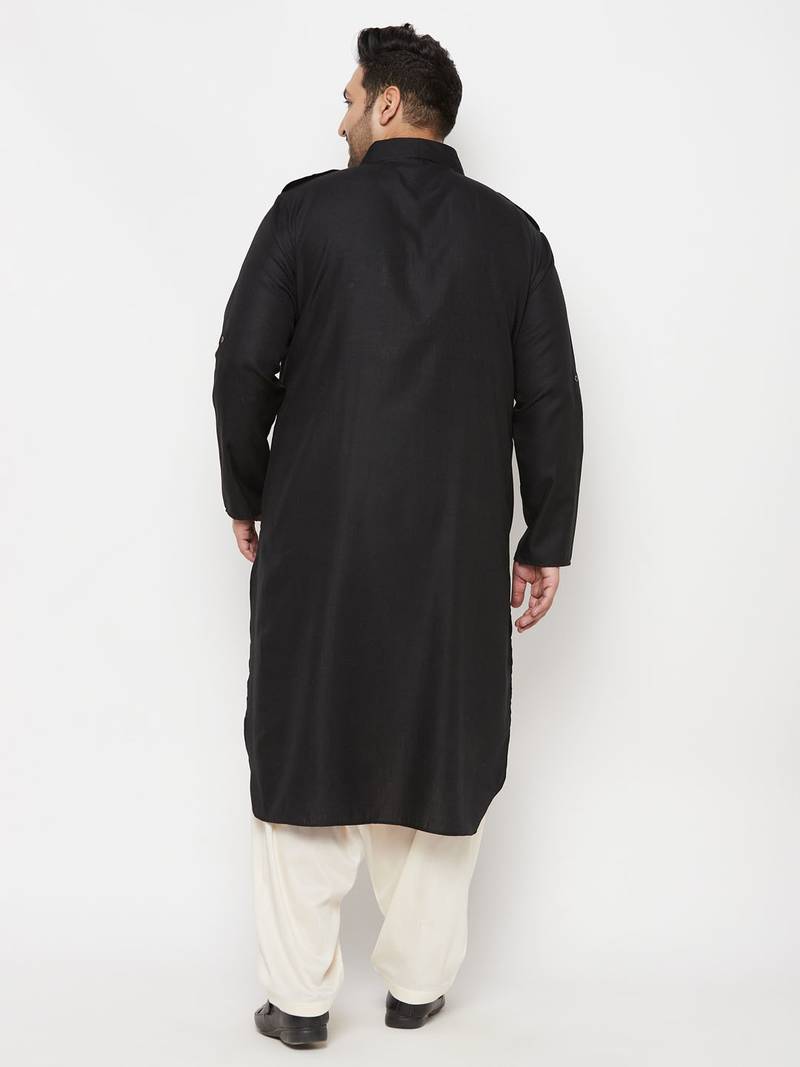 Men's black and cream cotton blend pathani kurta set