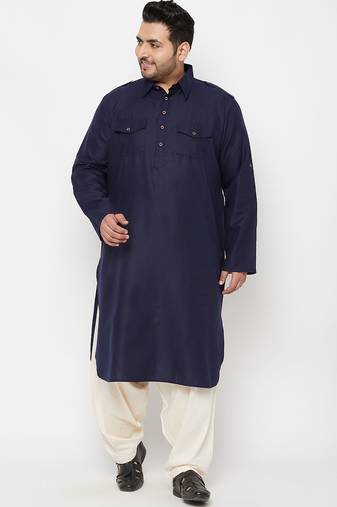 Men's blue and cream cotton blend pathani kurta set