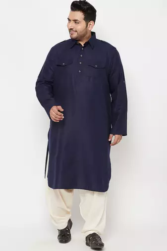 Men's blue and cream cotton blend pathani kurta set
