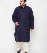 Men's blue and cream cotton blend pathani kurta set