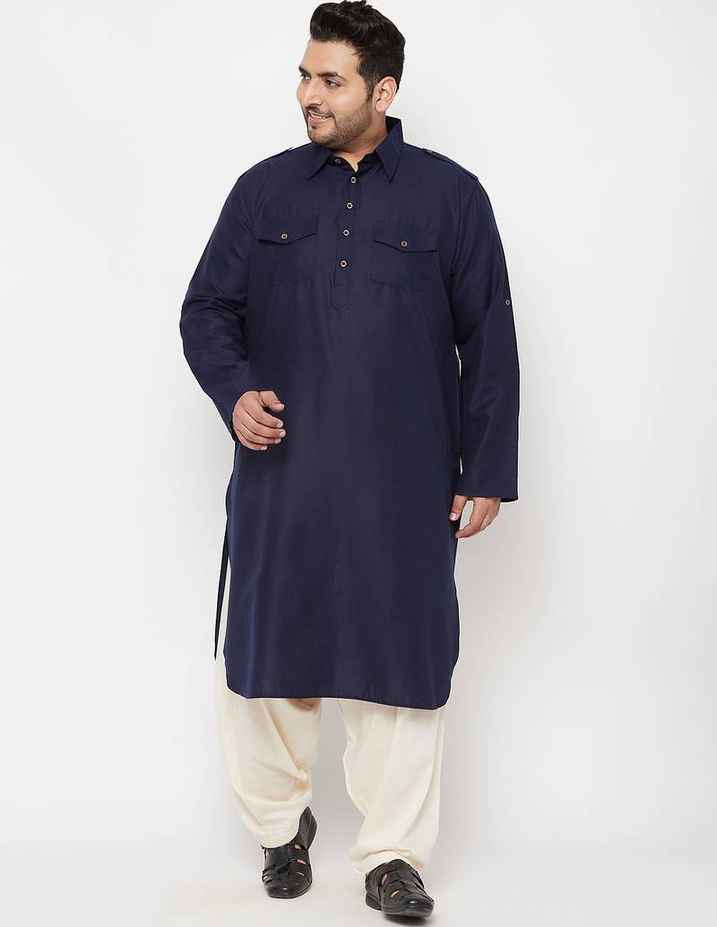 Men's blue and cream cotton blend pathani kurta set