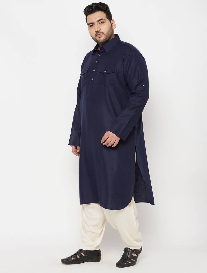 Men's blue and cream cotton blend pathani kurta set