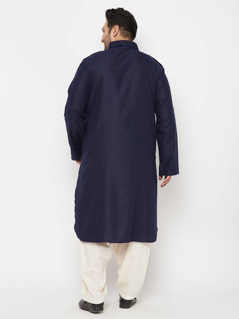 Men's blue and cream cotton blend pathani kurta set