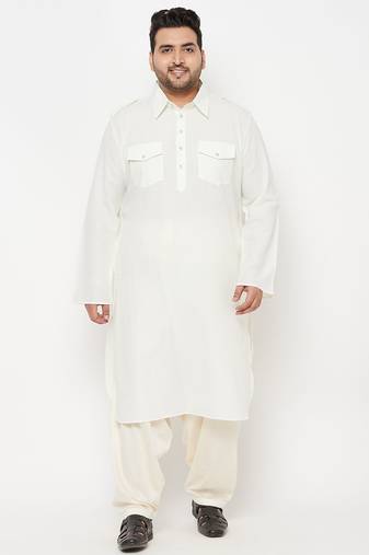 Men's cream and cream cotton blend pathani kurta set