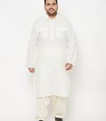 Men's cream and cream cotton blend pathani kurta set