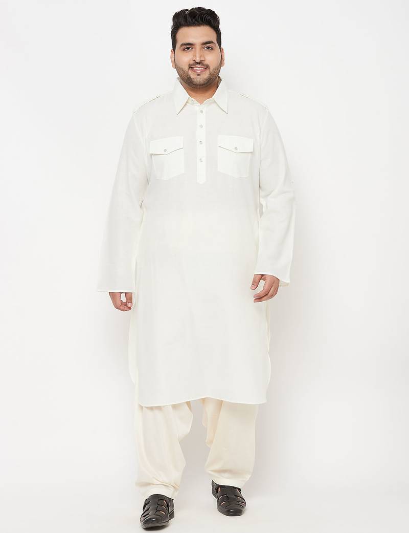 Men's cream and cream cotton blend pathani kurta set