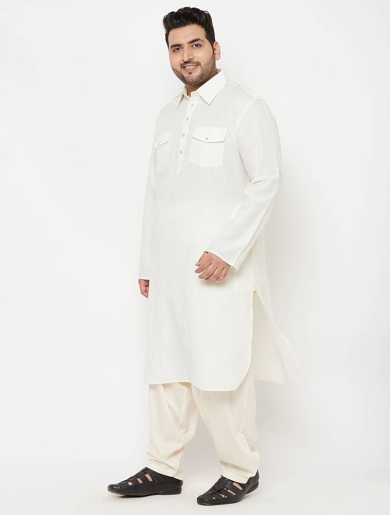 Men's cream and cream cotton blend pathani kurta set