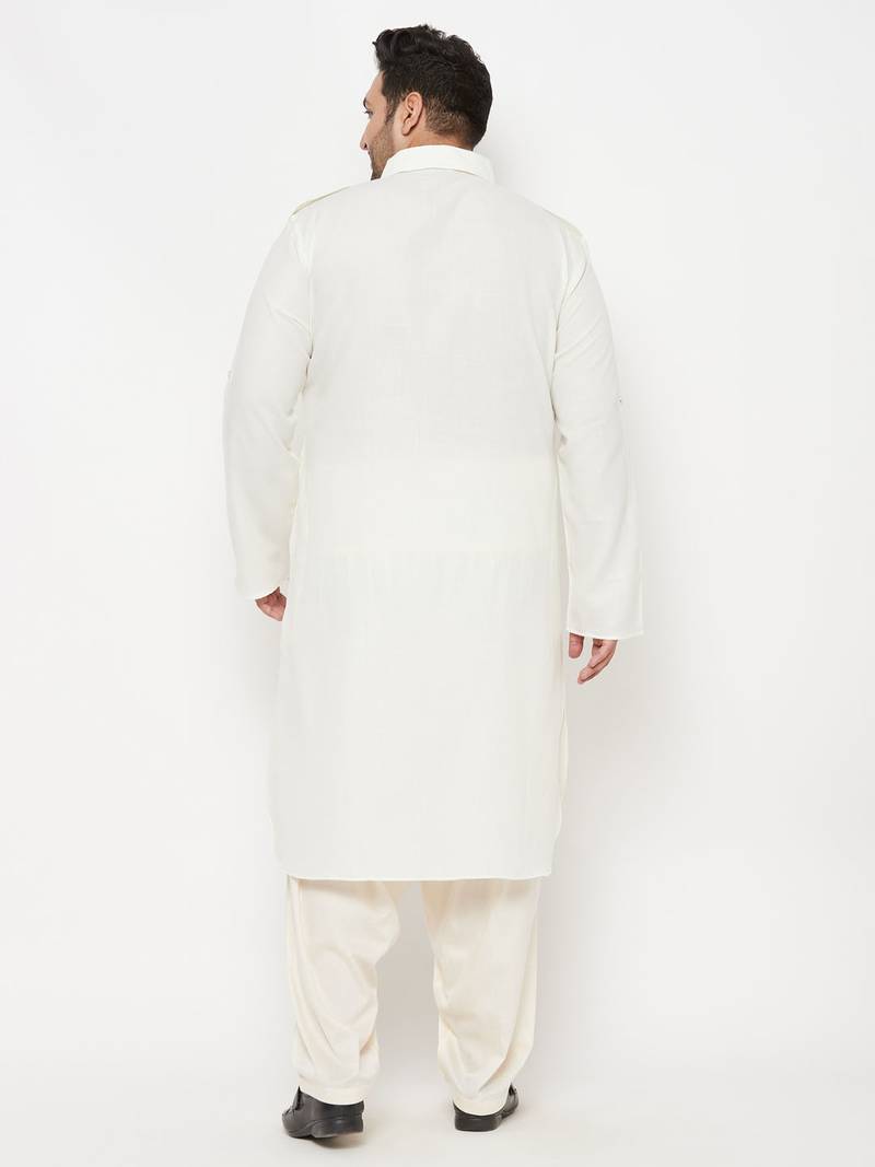 Men's cream and cream cotton blend pathani kurta set