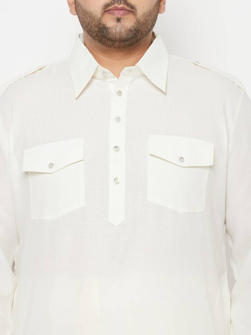 Men's cream and cream cotton blend pathani kurta set
