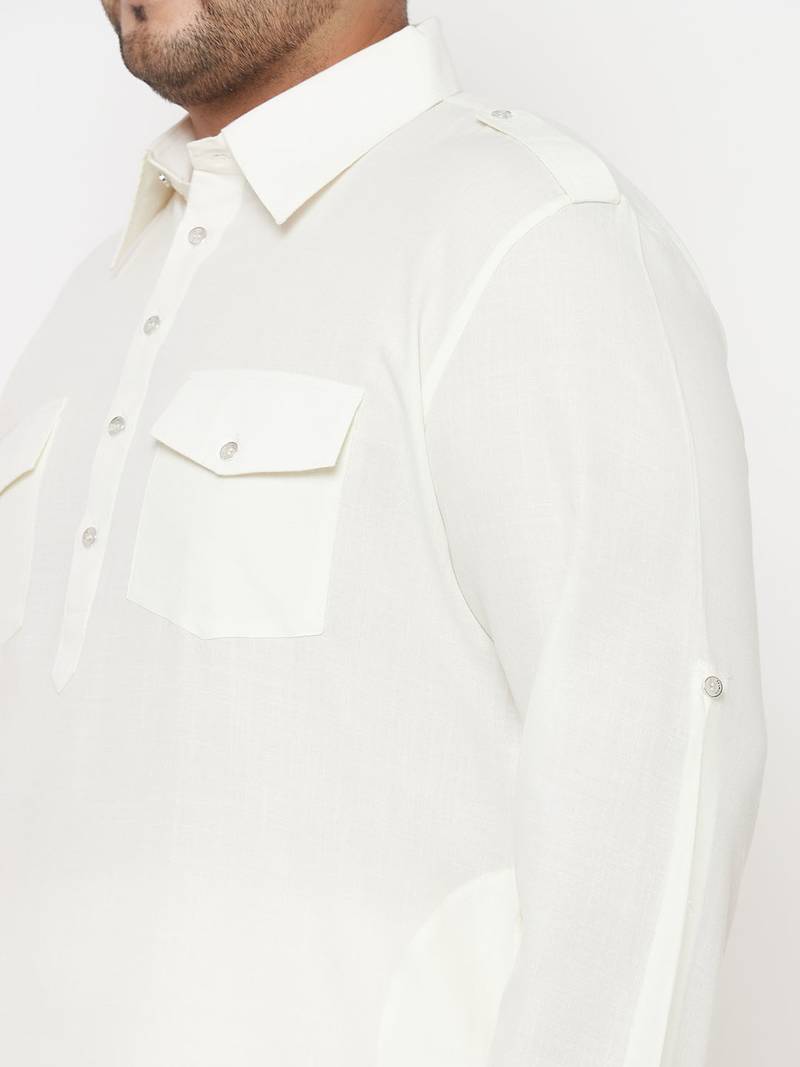 Men's cream and cream cotton blend pathani kurta set