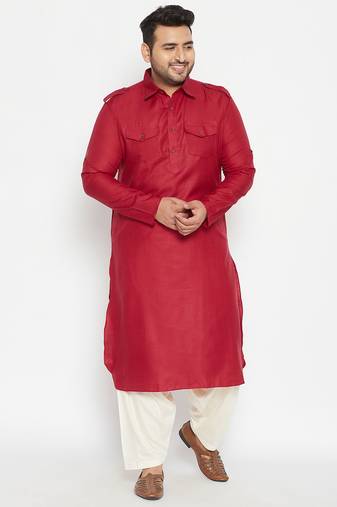Men's maroon and cream cotton blend pathani kurta set