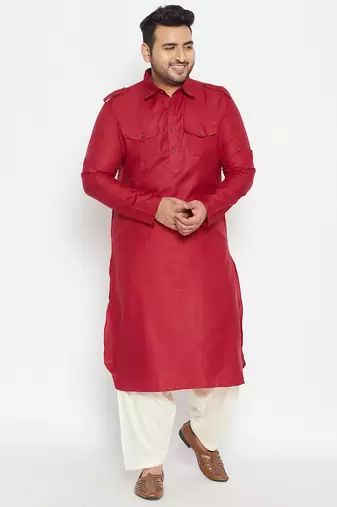 Men's maroon and cream cotton blend pathani kurta set