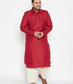 Men's maroon and cream cotton blend pathani kurta set