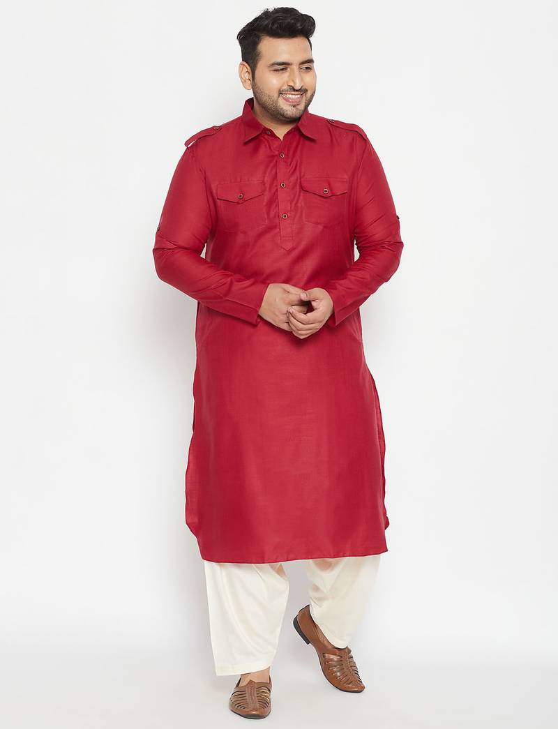 Men's maroon and cream cotton blend pathani kurta set