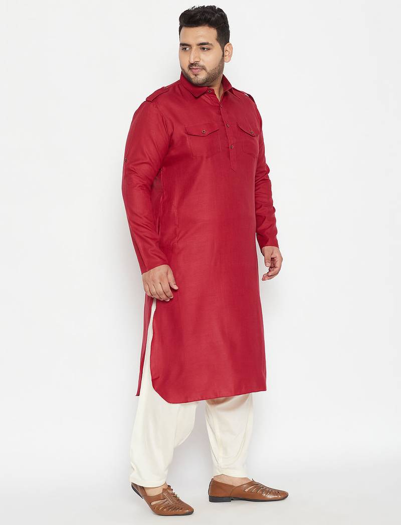 Men's maroon and cream cotton blend pathani kurta set
