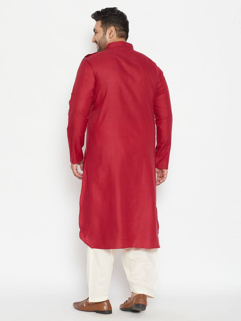 Men's maroon and cream cotton blend pathani kurta set