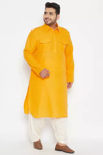 Men's mustard and cream cotton blend pathani kurta set
