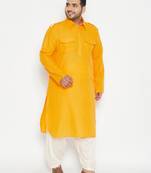 Men's mustard and cream cotton blend pathani kurta set