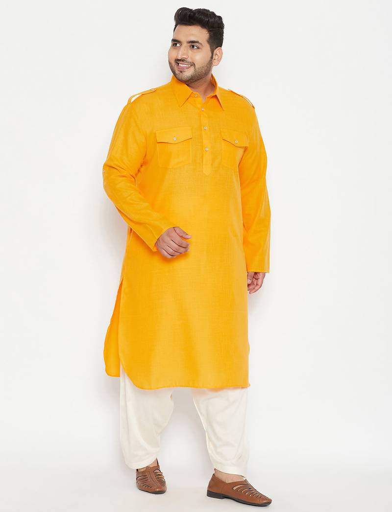 Men's mustard and cream cotton blend pathani kurta set
