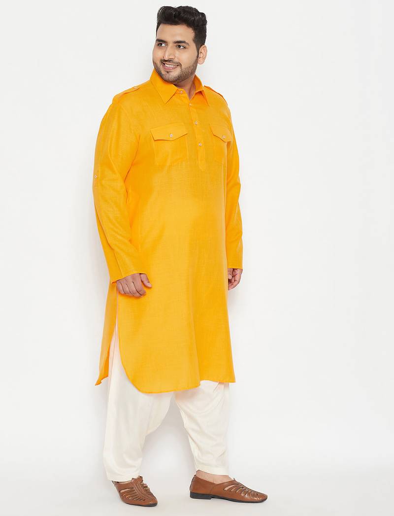 Men's mustard and cream cotton blend pathani kurta set