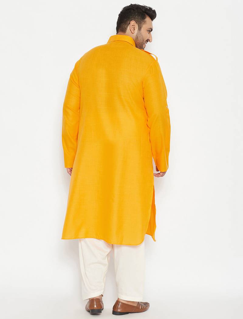 Men's mustard and cream cotton blend pathani kurta set
