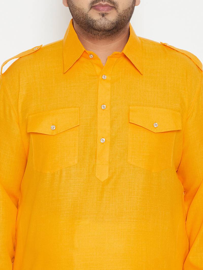Men's mustard and cream cotton blend pathani kurta set