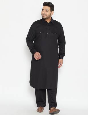 Men's black cotton blend pathani kurta set 1