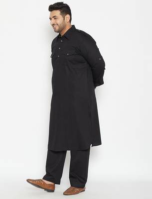 Men's black cotton blend pathani kurta set 2