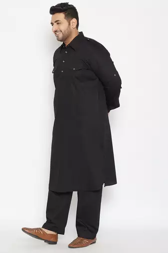 Men's black cotton blend pathani kurta set