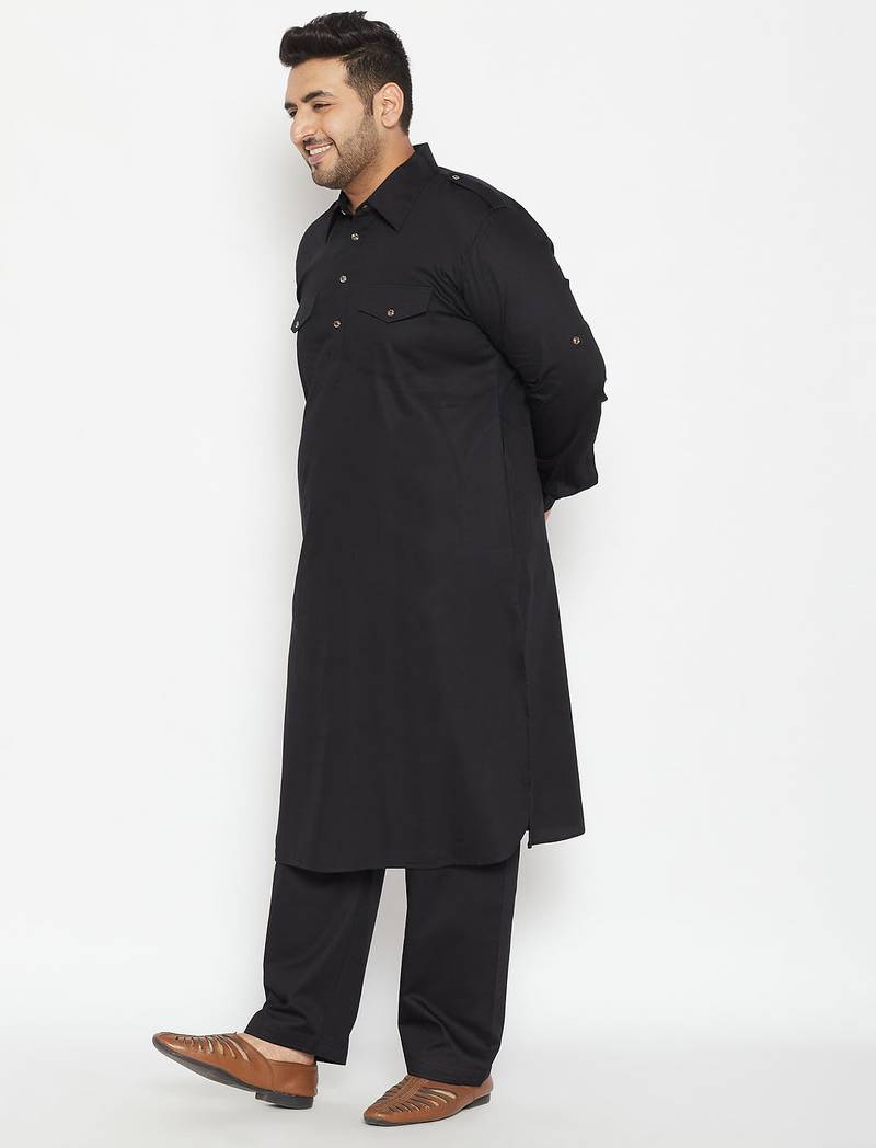 Men's black cotton blend pathani kurta set