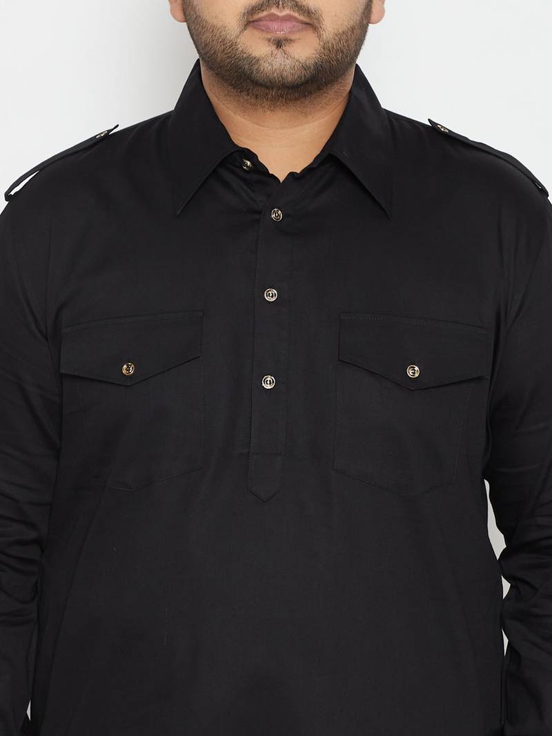 Men's black cotton blend pathani kurta set