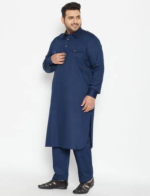 Men's blue cotton blend pathani kurta set 2