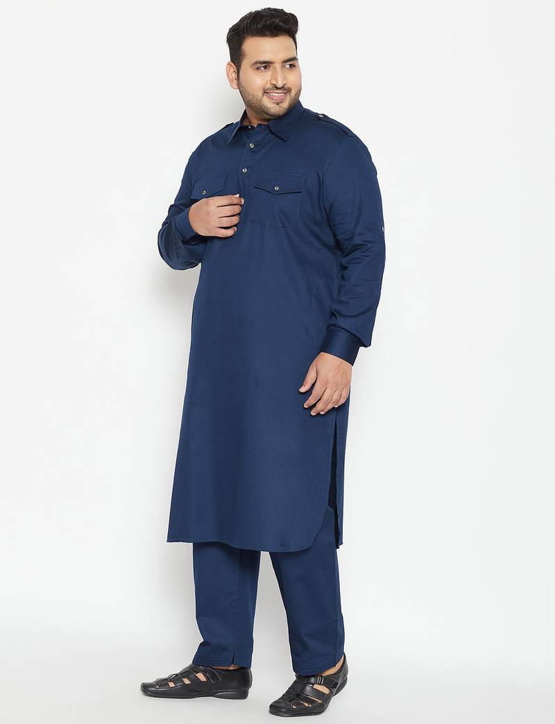 Men's blue cotton blend pathani kurta set