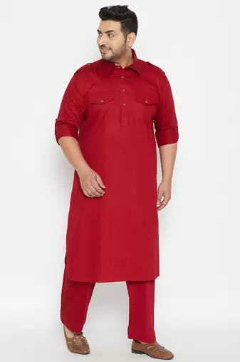 Men's maroon cotton blend pathani kurta set